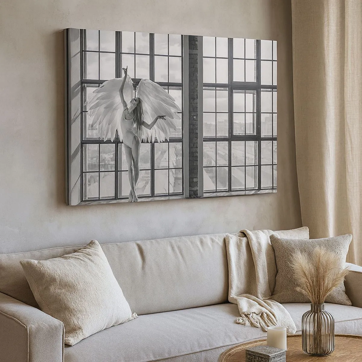 Tablou pe pânză Canvas - O femeie cu aripi de înger pe fundalul unei ferestre de mansardă - 70x50cm - Orașul îngerilor dansatori? - Decorațiune modernă pentru perete pentru living și dormitor ARTTOR