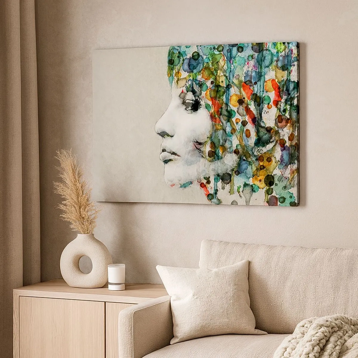 Tablou pe pânză Canvas - Profilul unei femei în culori de acuarelă pe un fundal abstract - 70x50cm - A ieșit din cenușiu - Decorațiune modernă pentru perete pentru living și dormitor ARTTOR