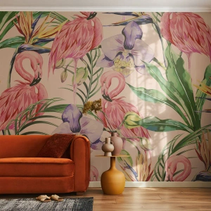 Tapet Autoadeziv Deluxe Sticker - Balet floral roz - Pasăre, Flamingo, Junglă - 300x210 cm
