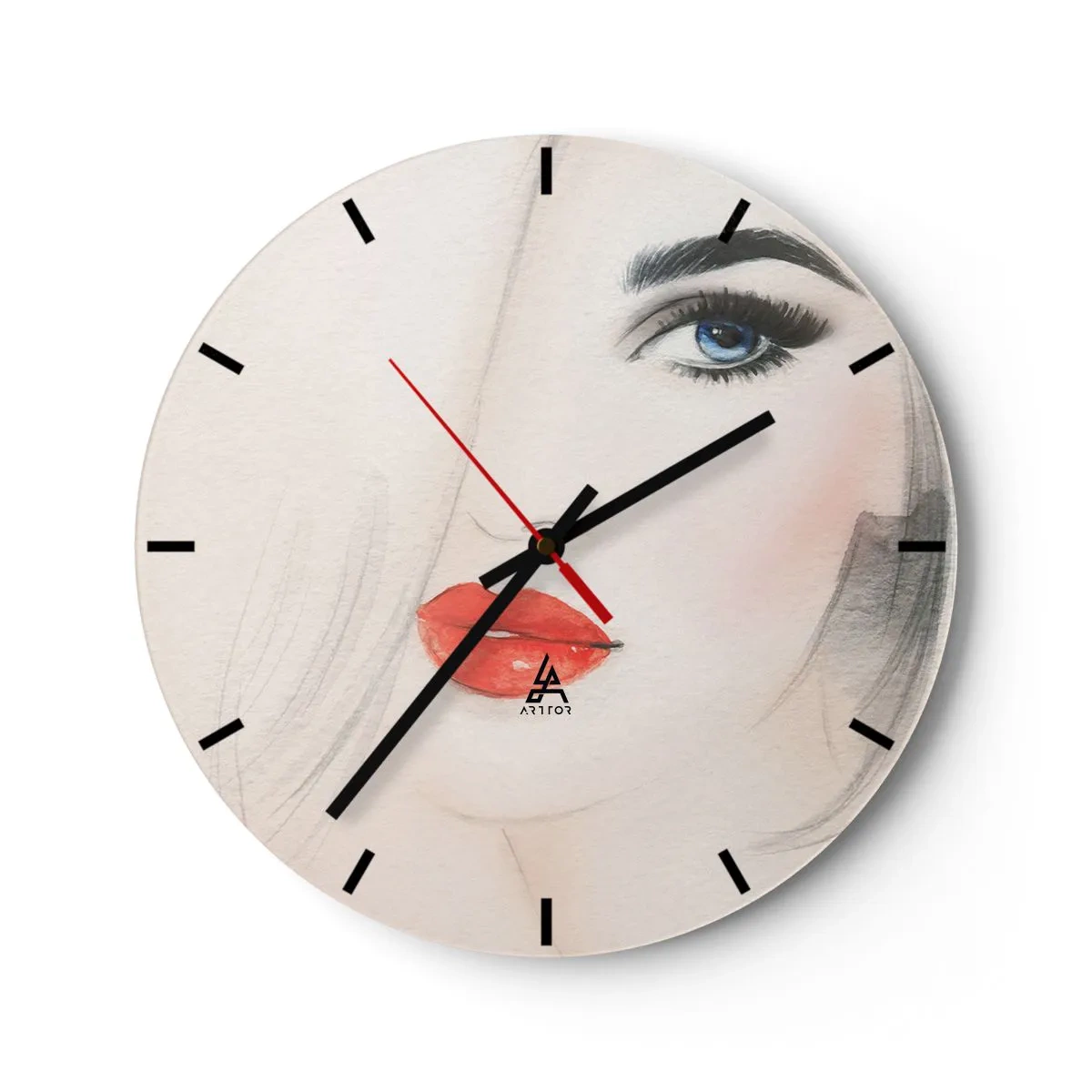 Ceas de perete - Ceas pe sticlă - Portret artistic al unei femei cu buze roșii și ochi albaștri - 30x30cm - Hipnotizează și intoxică - Decorațiune modernă pentru perete pentru living, bucătărie și dormitor ARTTOR