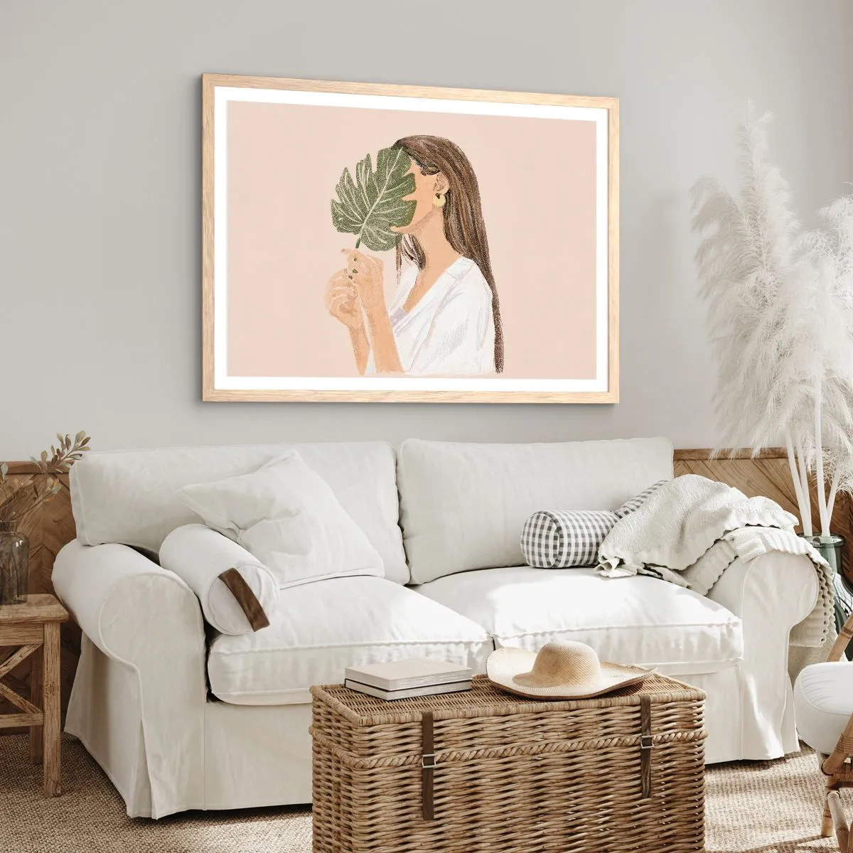 Poster în ramă de stejar deschis - Portret misterios cu un evantai - 100x70 cm