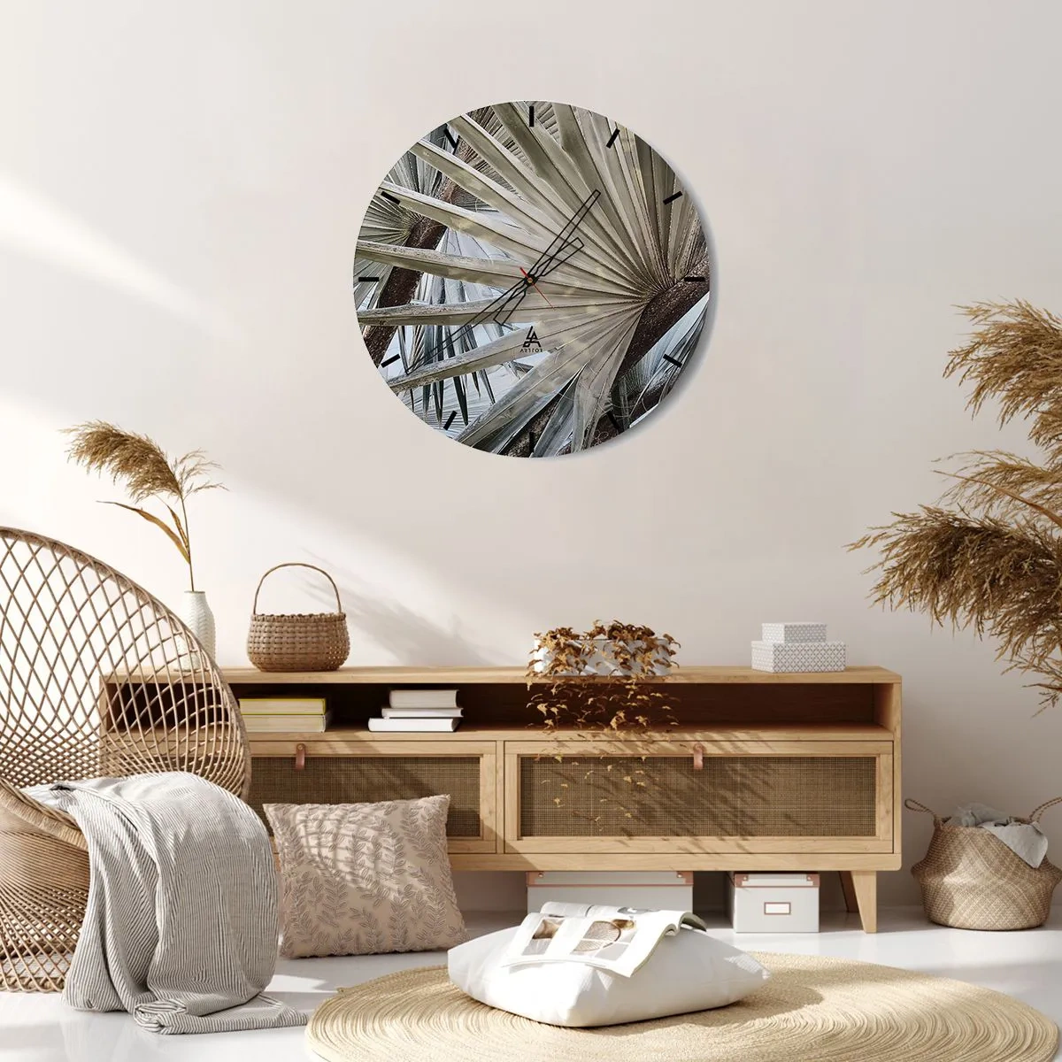 Ceas de perete - Ceas pe sticlă - Prim-plan al frunzelor de palmier evantai - 30x30cm - Evantaie din tropice - Decorațiune modernă pentru perete pentru living, bucătărie și dormitor ARTTOR