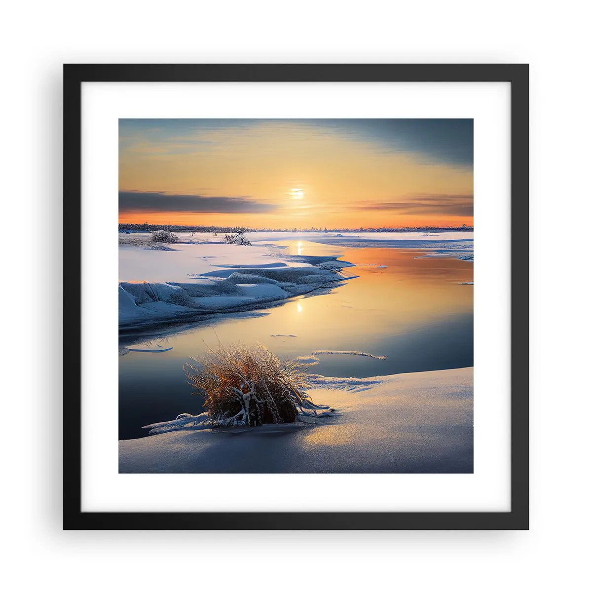 Poster în ramă neagră - Apus de soare pe timp de iarnă - 40x40 cm