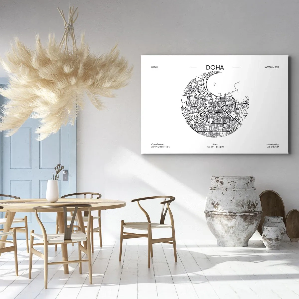 Tablou pe pânză Canvas - hartă minimalistă a orașului Doha, în alb și negru, cu detalii precise. - 70x50cm - Anatomia orașului Doha - Decorațiune modernă pentru perete pentru living și dormitor ARTTOR