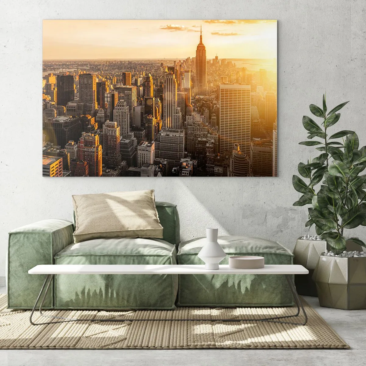 Tablou pe sticlă - Orizontul orașului New York la apus - 70x50cm - Crescând la soare - Decorațiune modernă pentru perete pentru living și dormitor ARTTOR
