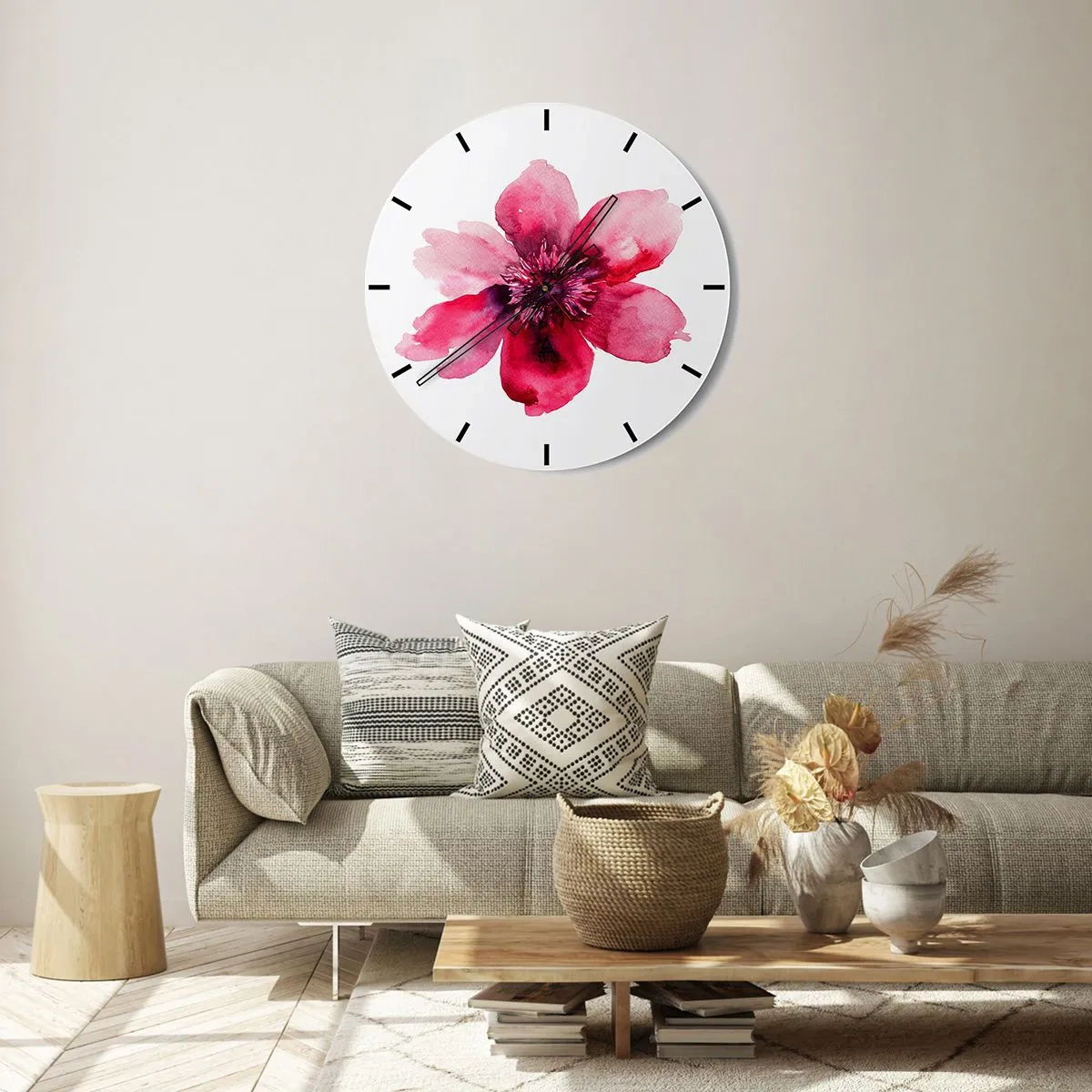 Ceas de perete - Ceas pe sticlă - Compoziție florală roșie în acuarelă - 30x30cm - Sărut parfumat de carmin - Decorațiune modernă pentru perete pentru living, bucătărie și dormitor ARTTOR