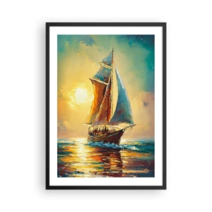 Poster în ramă neagră - O corabie cu pânze pe fundalul unui apus de soare auriu - 50x70cm - Pânzele umflate de vânt - Decorațiune modernă pentru perete pentru living și dormitor ARTTOR