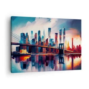 Tablou pe pânză Canvas - Panoramă a orașului New York cu pod și reflexie în apă - 70x50cm - New York fenomenal - Decorațiune modernă pentru perete pentru living și dormitor ARTTOR