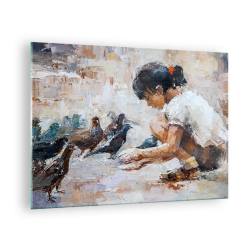 Tablou pe sticlă - O fată care hrănește păsările pe un fundal impresionist - 70x50cm - Cei mici și cei mai cuminți - Decorațiune modernă pentru perete pentru living și dormitor ARTTOR