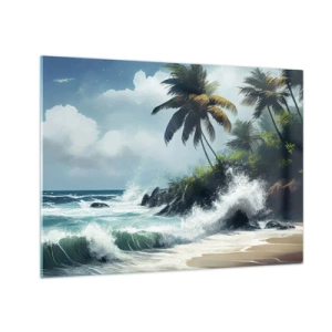 Tablou pe sticlă - Valuri care se izbesc de stâncile de lângă palmieri pe o plajă tropicală - 70x50cm - Pe un țărm tropical - Decorațiune modernă pentru perete pentru living și dormitor ARTTOR