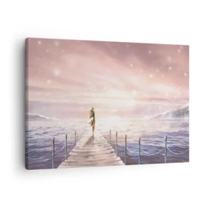 Tablou pe pânză Canvas - O femeie pe un dig într-un apus de soare magic - 70x50cm - În lumina unui vis - Decorațiune modernă pentru perete pentru living și dormitor ARTTOR