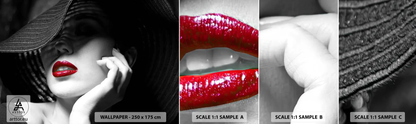 Mostră tapet autocolant Deluxe Sticker - Studiu în stacojiu - Femeie, buze rosii, Modă - 100x30 cm