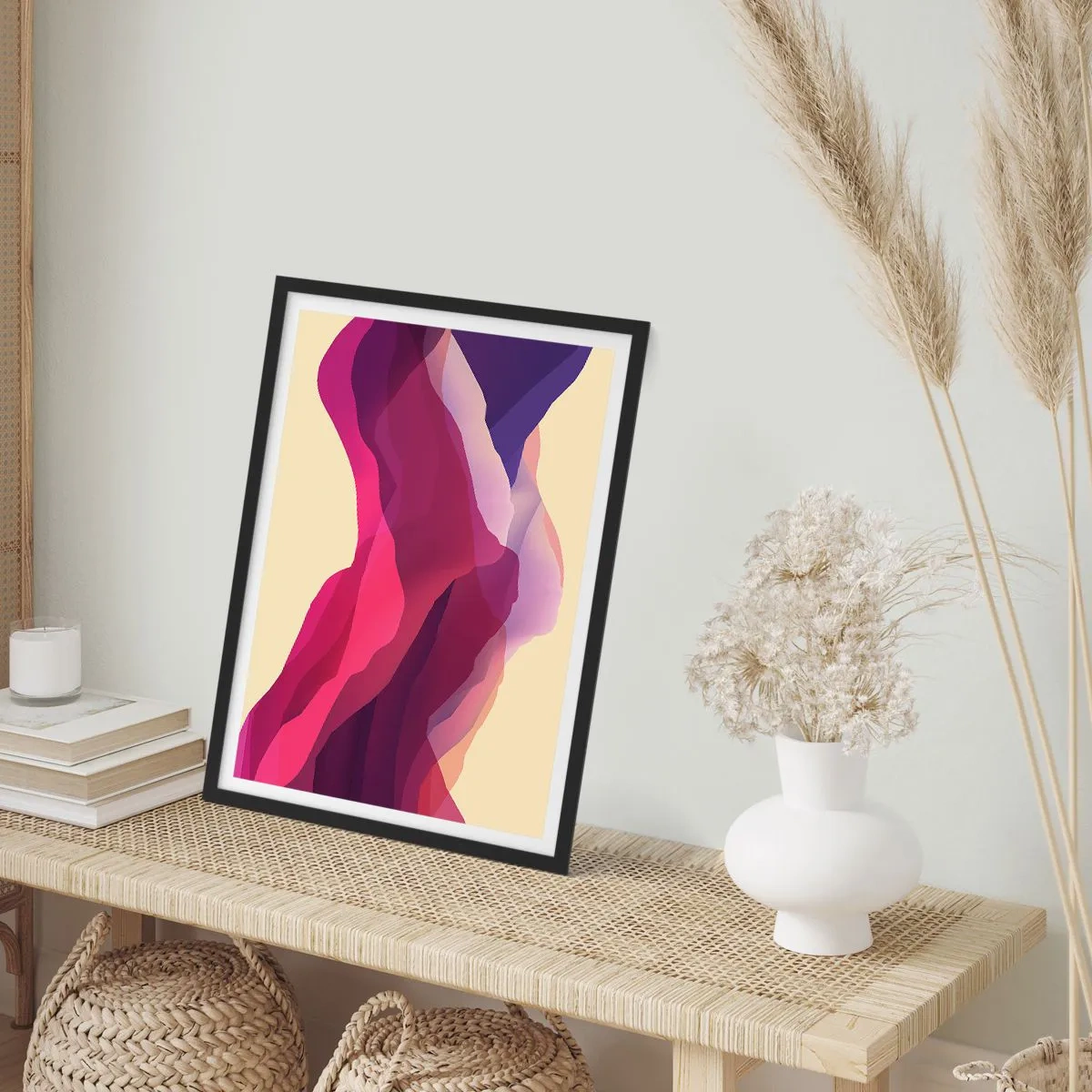 Poster în ramă neagră - Valuri abstracte în nuanțe de violet pe un fundal deschis - 50x70cm - Valuri de violet - Decorațiune modernă pentru perete pentru living și dormitor ARTTOR