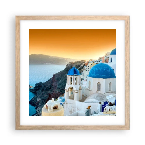 Poster în ramă de stejar deschis - Santorini - îmbrățișat de stânci - 40x40 cm
