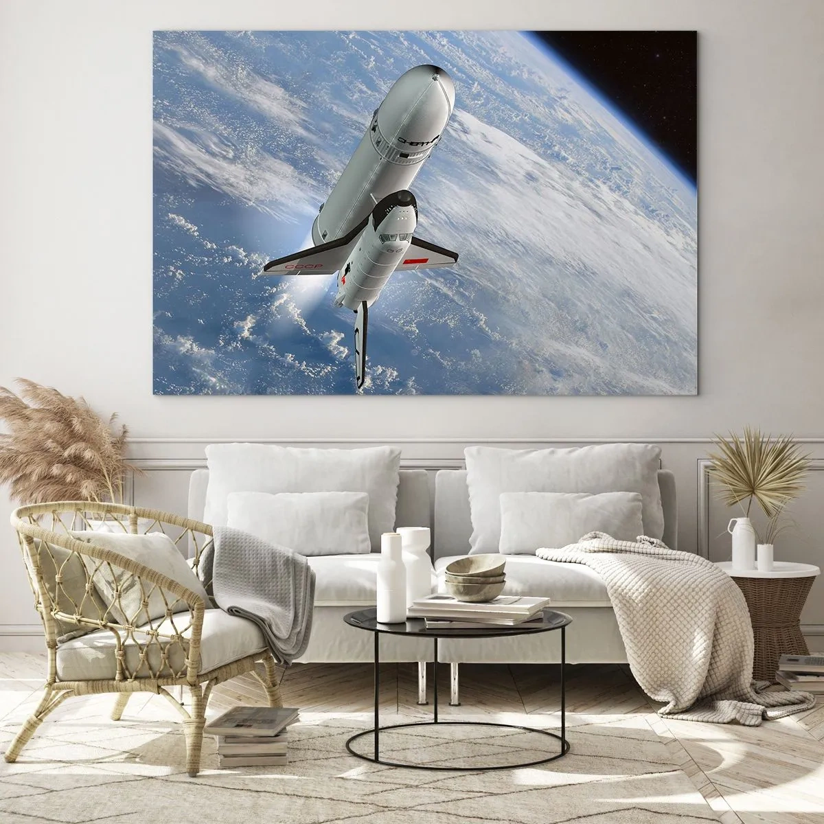 Tablou pe sticlă - O navetă spațială decolează în spațiu cu Pământul în fundal. - 70x50cm - Ascensiunea cosmică - Decorațiune modernă pentru perete pentru living și dormitor ARTTOR