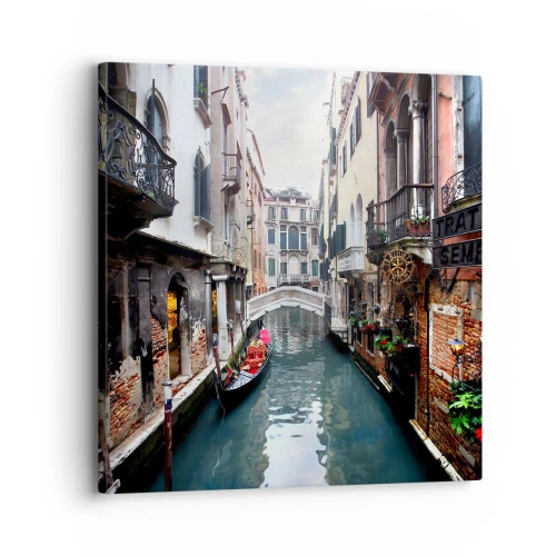 Tablou pe pânză - Peisaj venețian cu gondolă și pod - 30x30 cm