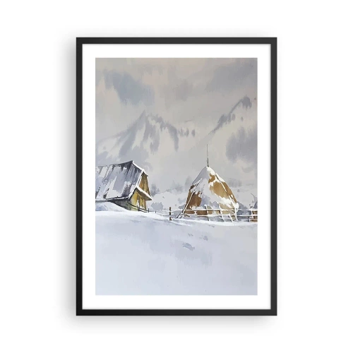 Poster în ramă neagră - Peisaj de iarnă cu o căsuță și un car cu fân în munți - 50x70cm - Într-o vale înzăpezită - Decorațiune modernă pentru perete pentru living și dormitor ARTTOR