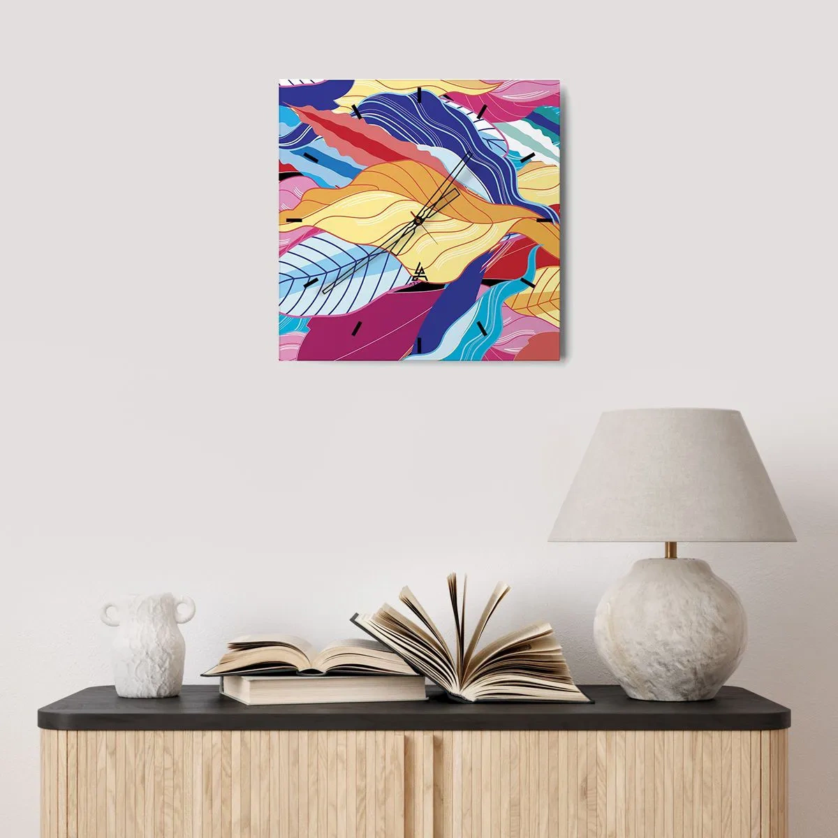 Ceas de perete - Ceas pe sticlă - O dezordine colorată - 30x30 cm