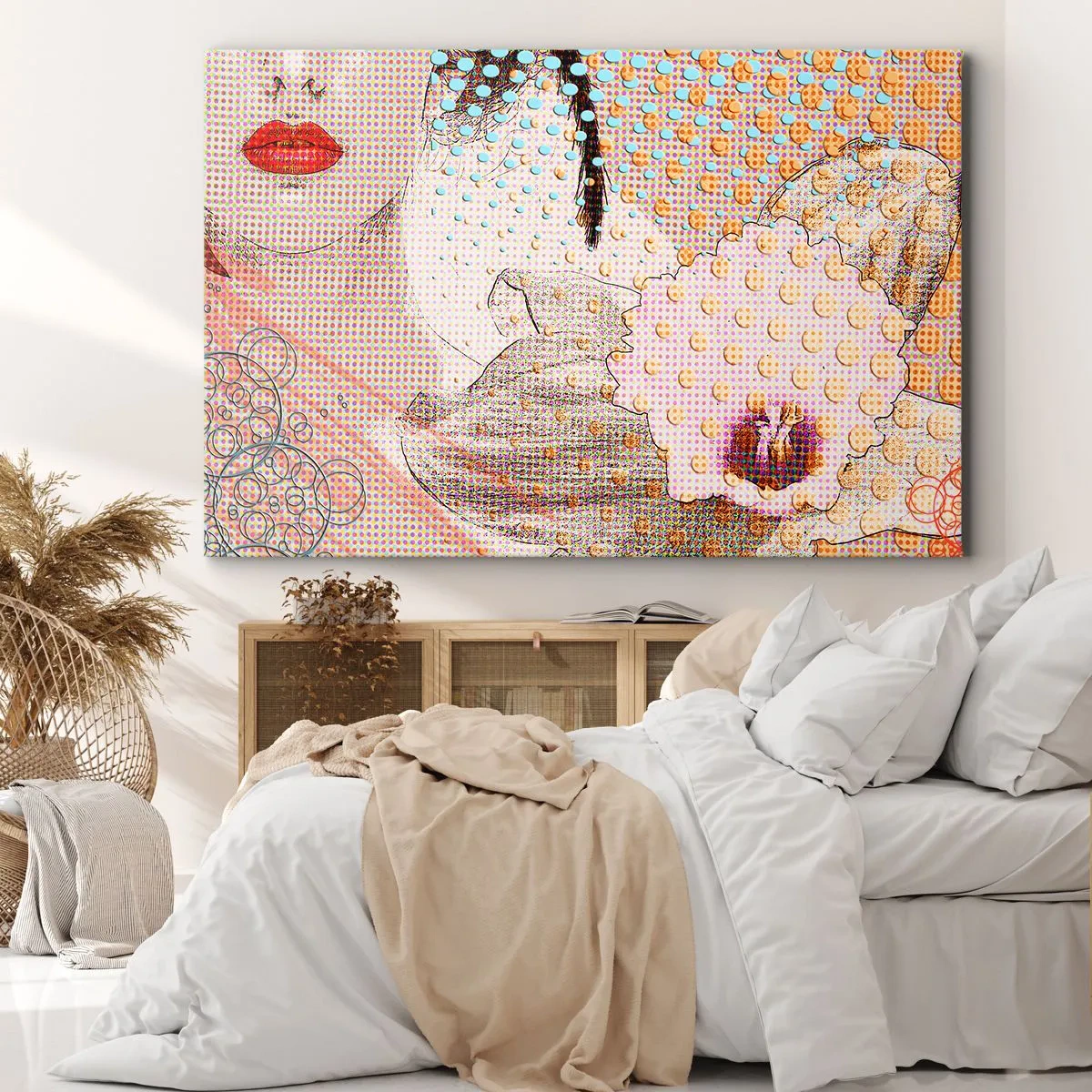 Tablou pe pânză Canvas - Operă de artă abstractă cu motivul unei guri și al unei orhidee - 70x50cm - Eroină de benzi desenate - Decorațiune modernă pentru perete pentru living și dormitor ARTTOR