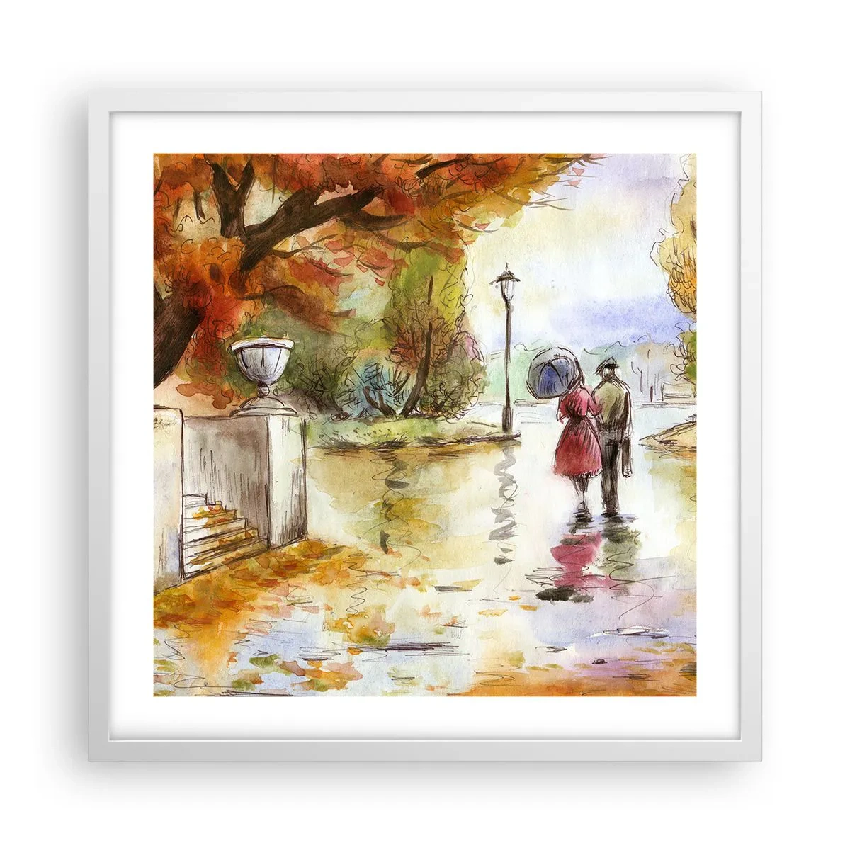 Poster în ramă albă - Toamnă romantică în parc - 50x50 cm