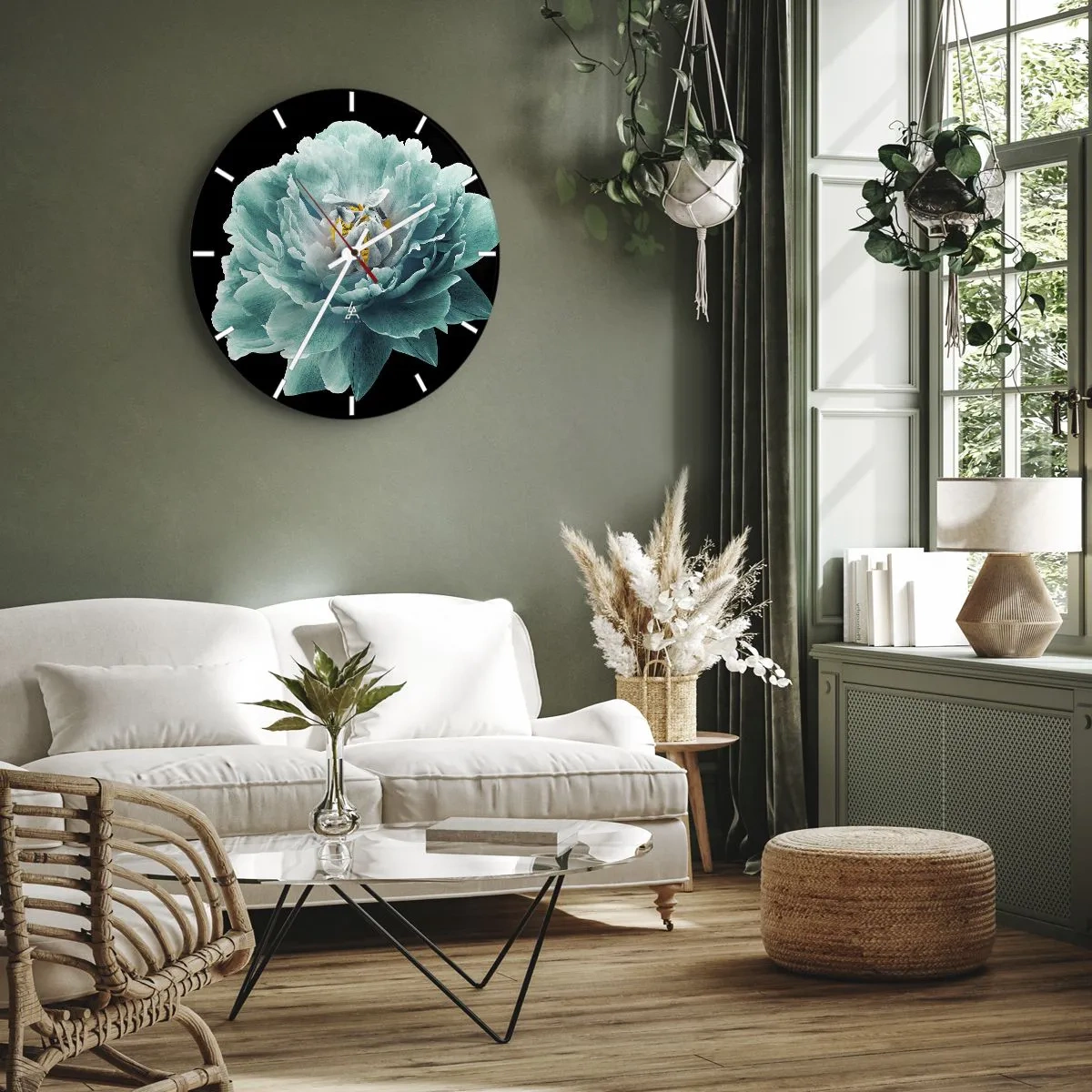 Ceas de perete - Ceas pe sticlă - floare de bujor turcoaz pe fundal negru - 30x30cm - Petale albastre și aurii - Decorațiune modernă pentru perete pentru living, bucătărie și dormitor ARTTOR