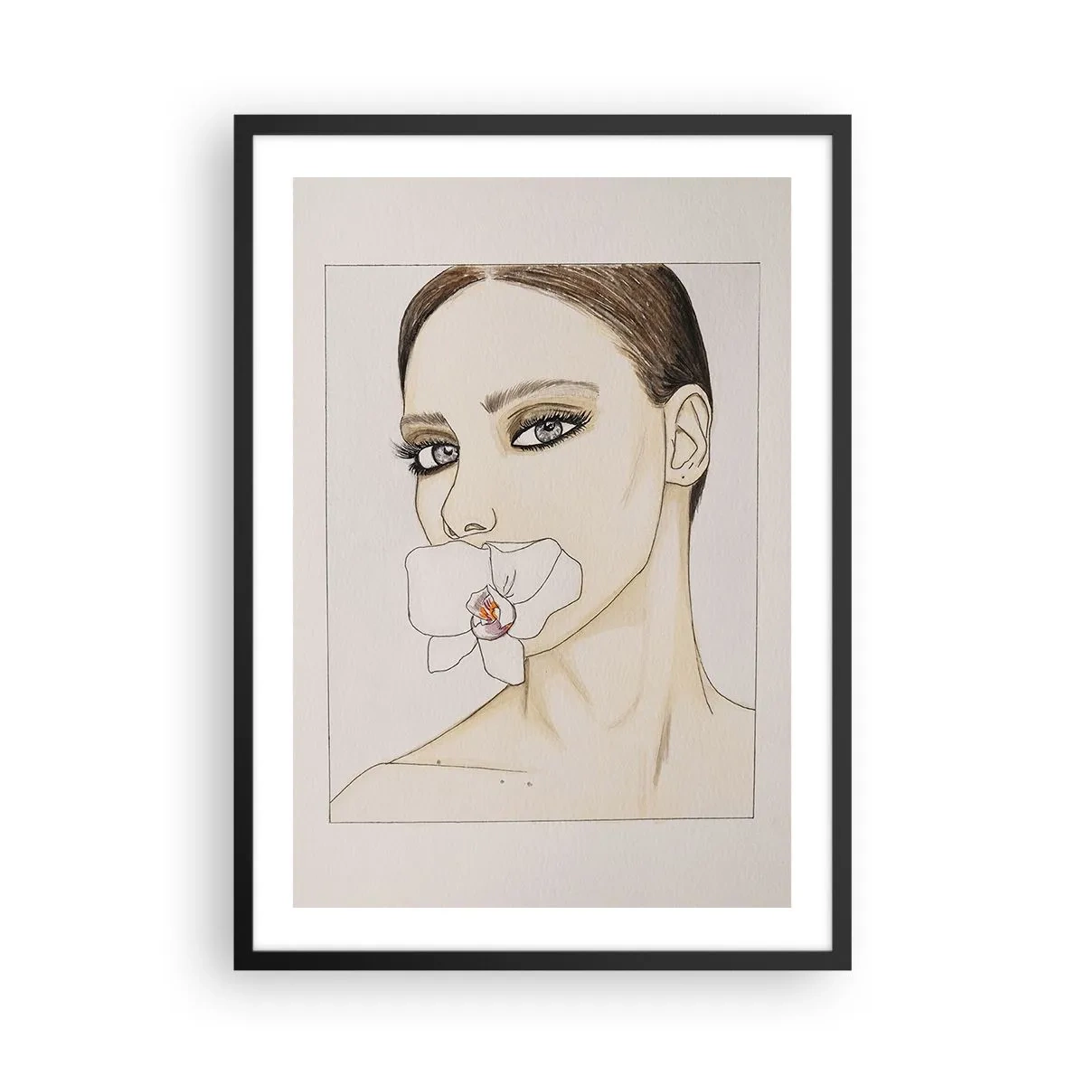 Poster în ramă neagră - Portretul unei femei cu o orhidee pe buze - 50x70cm - Un simbol al eleganței și frumuseții - Decorațiune modernă pentru perete pentru living și dormitor ARTTOR