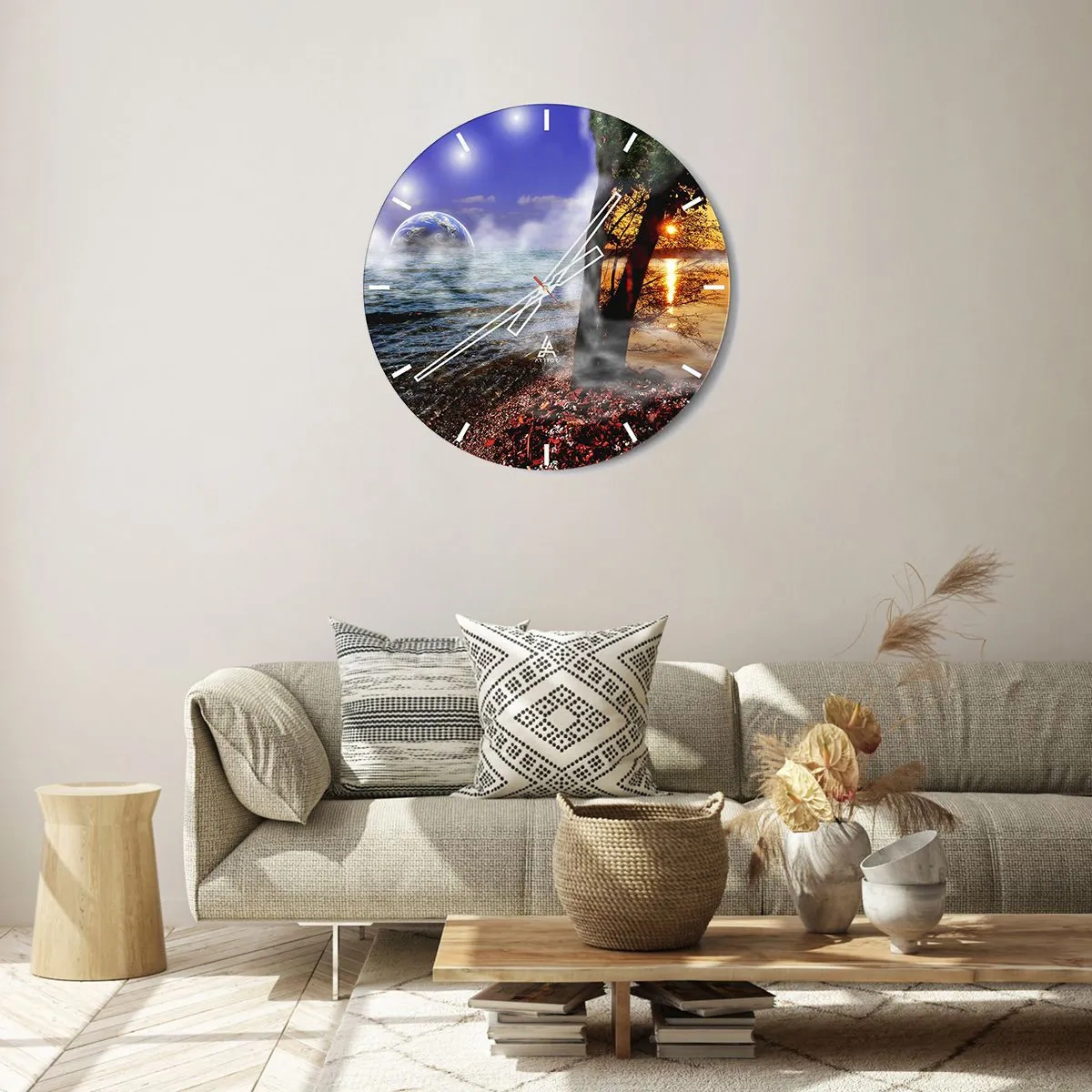 Ceas de perete - Ceas pe sticlă - Peisaj suprarealist - unitatea naturii - 30x30 cm