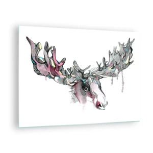 Tablou pe sticlă - Acuarelă colorată a unui elan cu coarne extinse - 70x50cm - Coroana regelui pădurii - Decorațiune modernă pentru perete pentru living și dormitor ARTTOR