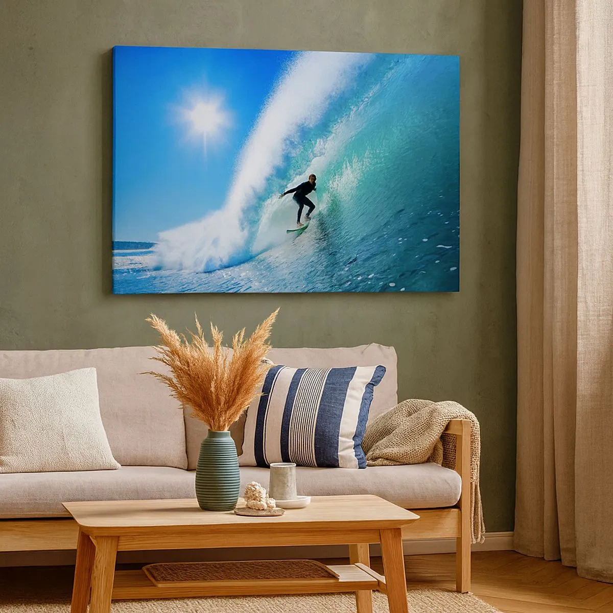 Tablou pe pânză Canvas - Un surfer pe o placă se plimbă în interiorul unui val puternic sub un cer albastru. - 70x50cm - Prin marele albastru - Decorațiune modernă pentru perete pentru living și dormitor ARTTOR