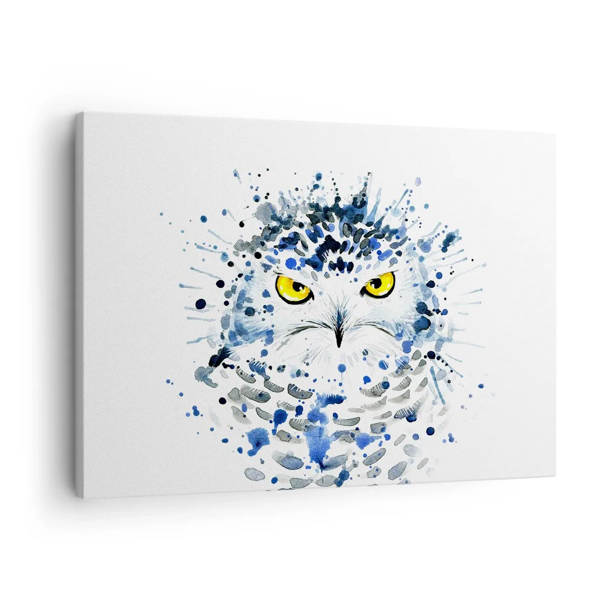 Tablou pe pânză Canvas - Portret abstract al unei bufnițe în culori albastru și galben - 70x50cm - Direct în ochi - Decorațiune modernă pentru perete pentru living și dormitor ARTTOR