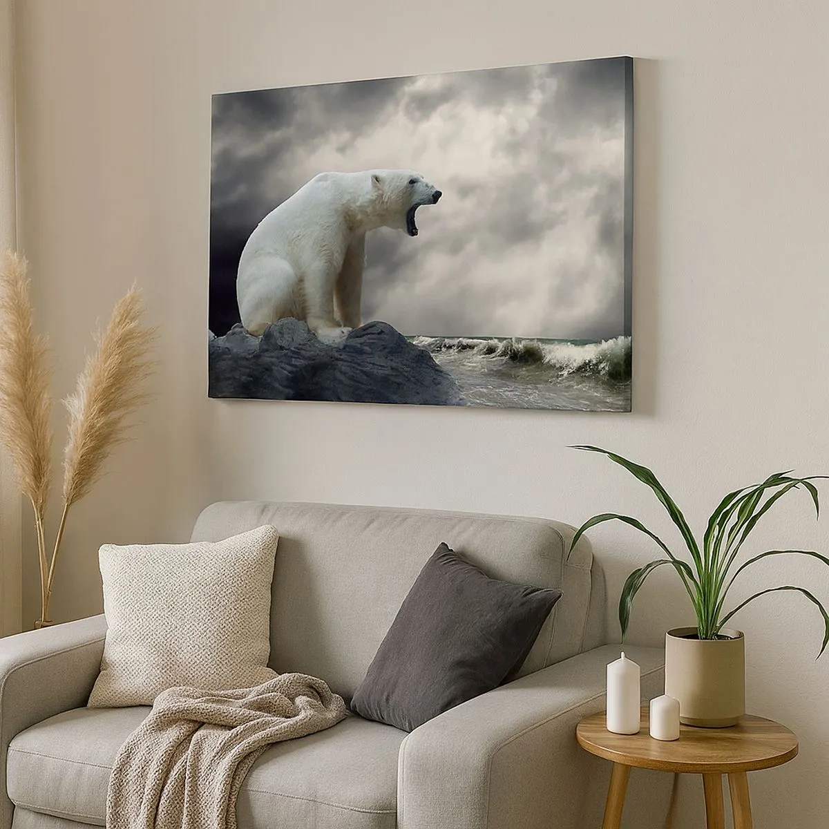 Tablou pe pânză Canvas - Un urs polar pe stânci deasupra unei mări furtunoase - 70x50cm - Regele singuratic al Arcticii - Decorațiune modernă pentru perete pentru living și dormitor ARTTOR