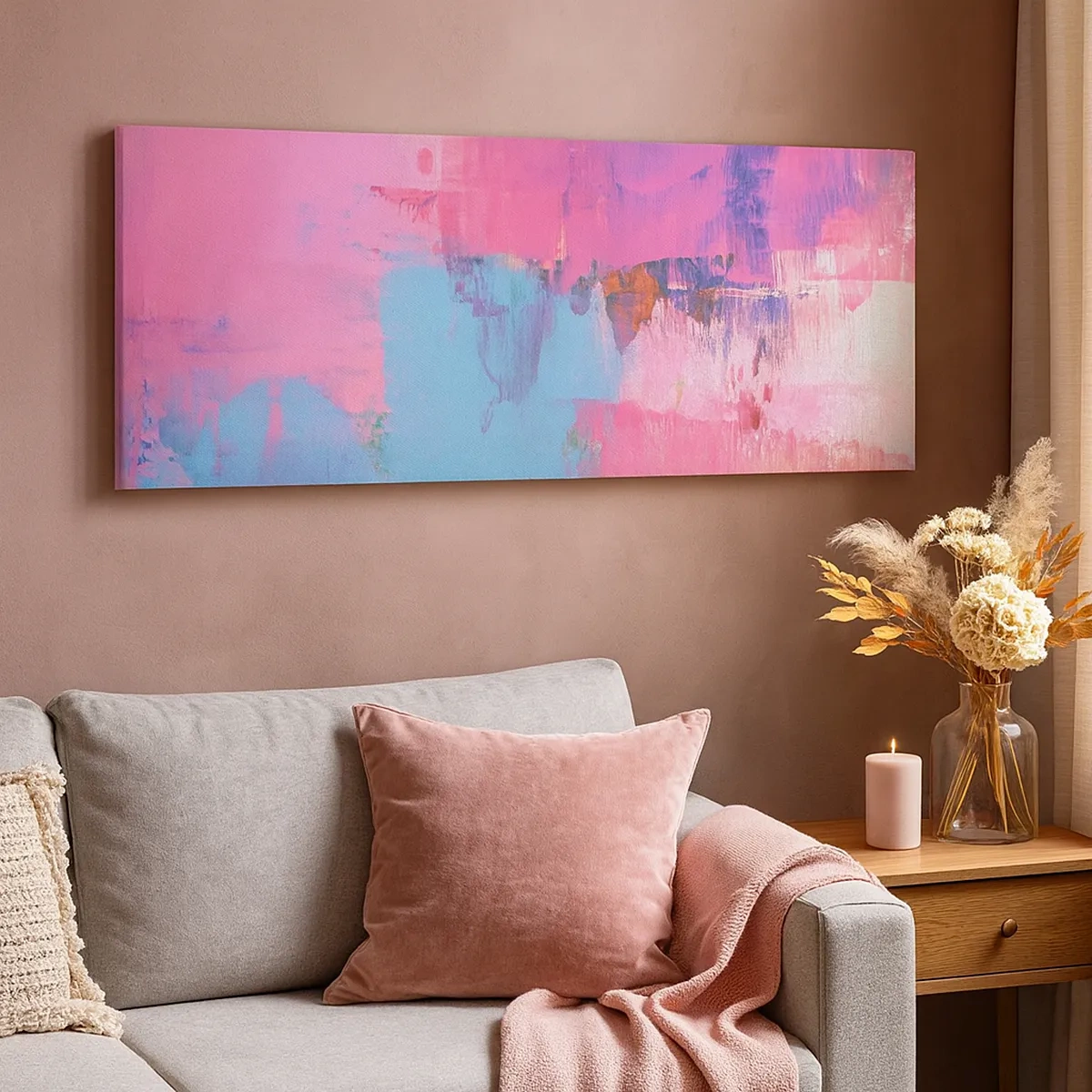 Tablou pe pânză - Roz, albastru și un strop de lumină - 30x30 cm