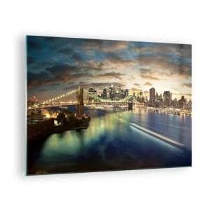 Tablou pe sticlă - Vedere a podului și a orașului la apus - 70x50cm - O seară luminată deasupra Manhattan-ului - Decorațiune modernă pentru perete pentru living și dormitor ARTTOR