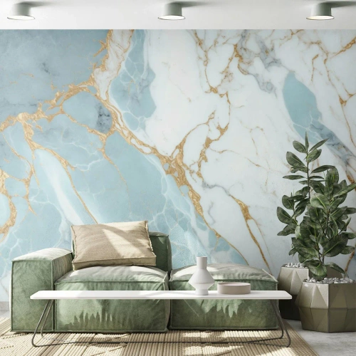 Tapet Standard Eco - Model de marmură în albastru și alb cu accente aurii - 100x70cm - Bogăția pietrei - Decorațiune modernă pentru perete pentru living și dormitor ARTTOR