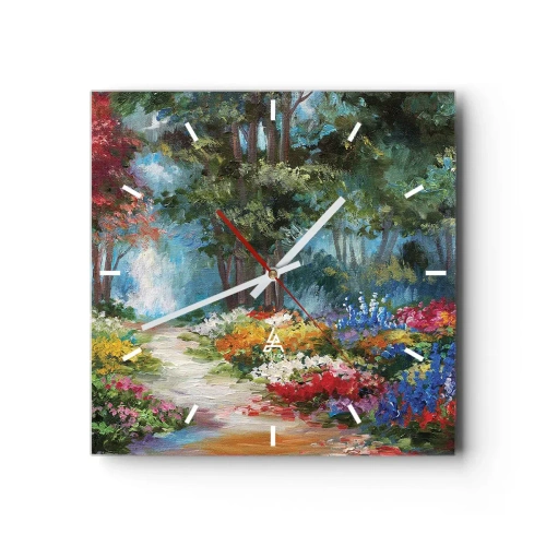 Ceas de perete - Ceas pe sticlă - Grădină de pădure, pădure de flori - 30x30 cm