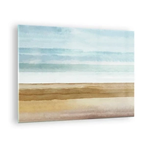 Tablou pe sticlă - plajă minimalistă în stil pastelat de acuarelă - 70x50cm - Serenitate - Decorațiune modernă pentru perete pentru living și dormitor ARTTOR