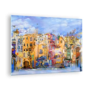Tablou pe sticlă - Case de locuit colorate într-un cadru urban artistic - 70x50cm - Suntem împreună - Decorațiune modernă pentru perete pentru living și dormitor ARTTOR