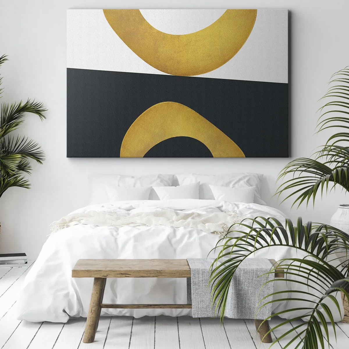 Tablou pe pânză Canvas - Forme geometrice aurii pe un fundal alb și închis la culoare - 70x50cm - În primul rând: aurul - Decorațiune modernă pentru perete pentru living și dormitor ARTTOR