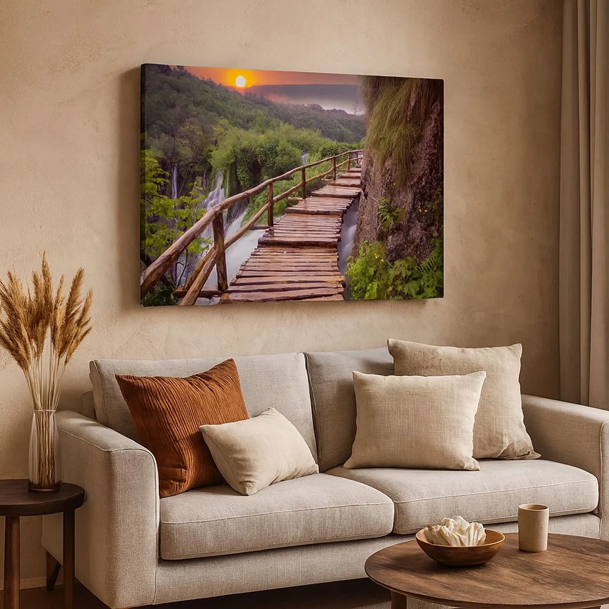 Tablou pe pânză Canvas - Un pod cu vedere la cascade la apus - 70x50cm - Frumusețe de necrezut - Decorațiune modernă pentru perete pentru living și dormitor ARTTOR