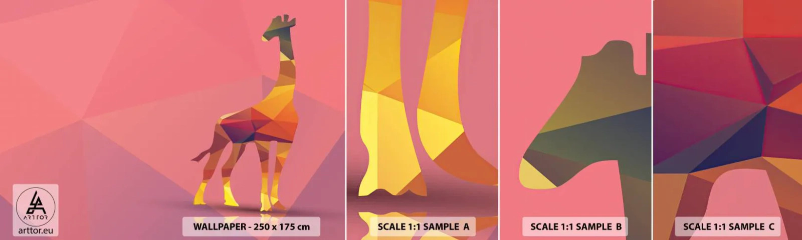 Mostră de Tapet Standard Eco - În culorile savanei - Animale, Girafă, Figura geometrică - 100x30 cm