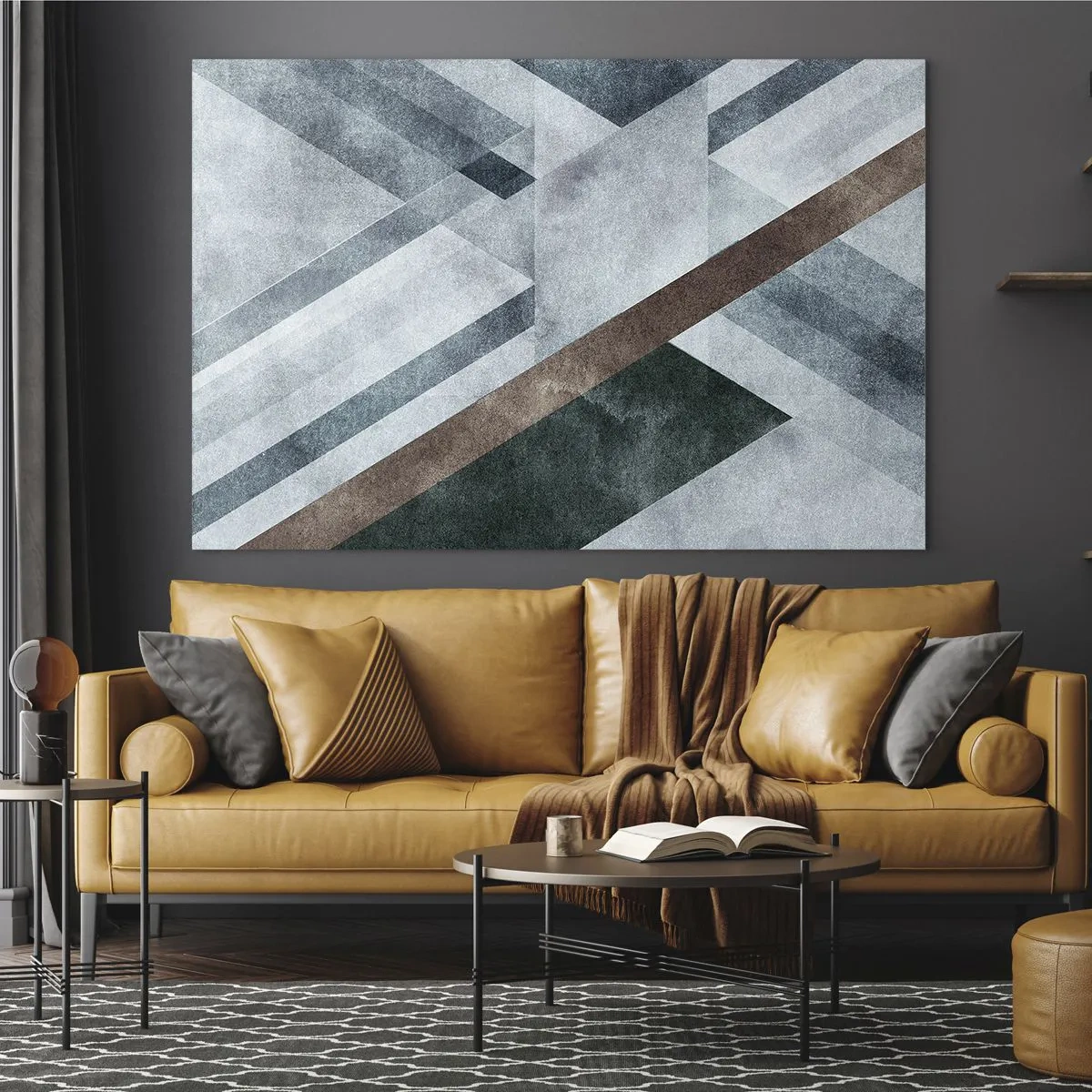 Tablou pe sticlă - Abstracție geometrică în tonuri reci cu un accent verde închis - 70x50cm - Eleganța sofisticată a geometriei - Decorațiune modernă pentru perete pentru living și dormitor ARTTOR