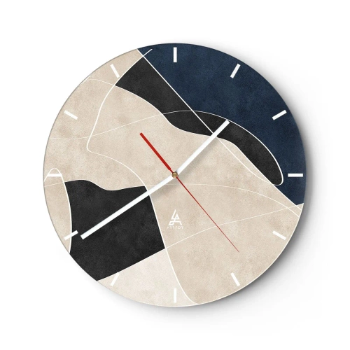 Ceas de perete - Ceas pe sticlă - Forme minimaliste în bej, negru și bleumarin cu o linie albă - 30x30cm - Compoziție abstractă - contrast de culori - Decorațiune modernă pentru perete pentru living, bucătărie și dormitor ARTTOR