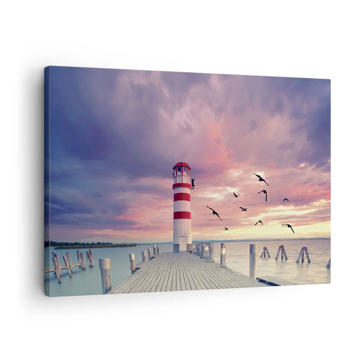 Tablou pe pânză Canvas - Un far pe dig înconjurat de un apus de soare pitoresc - 70x50cm - Să ne întoarcem în port - Decorațiune modernă pentru perete pentru living și dormitor ARTTOR