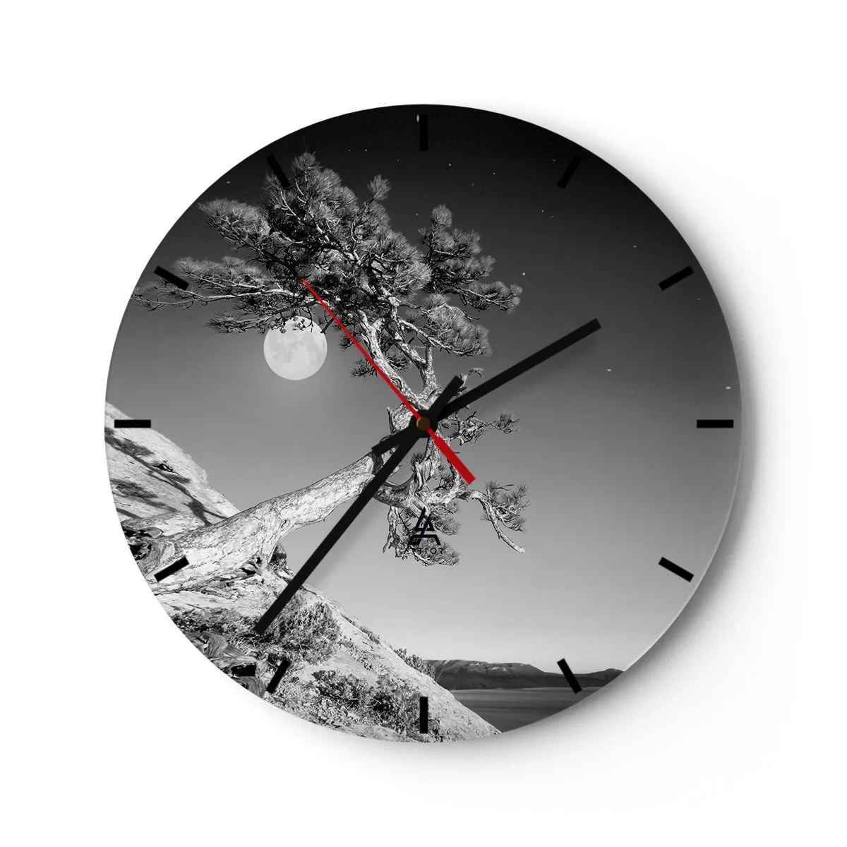 Ceas de perete - Ceas pe sticlă - Un copac aplecat pe o stâncă, cu lună plină în fundal - 30x30cm - Războinicul victorios - Decorațiune modernă pentru perete pentru living, bucătărie și dormitor ARTTOR