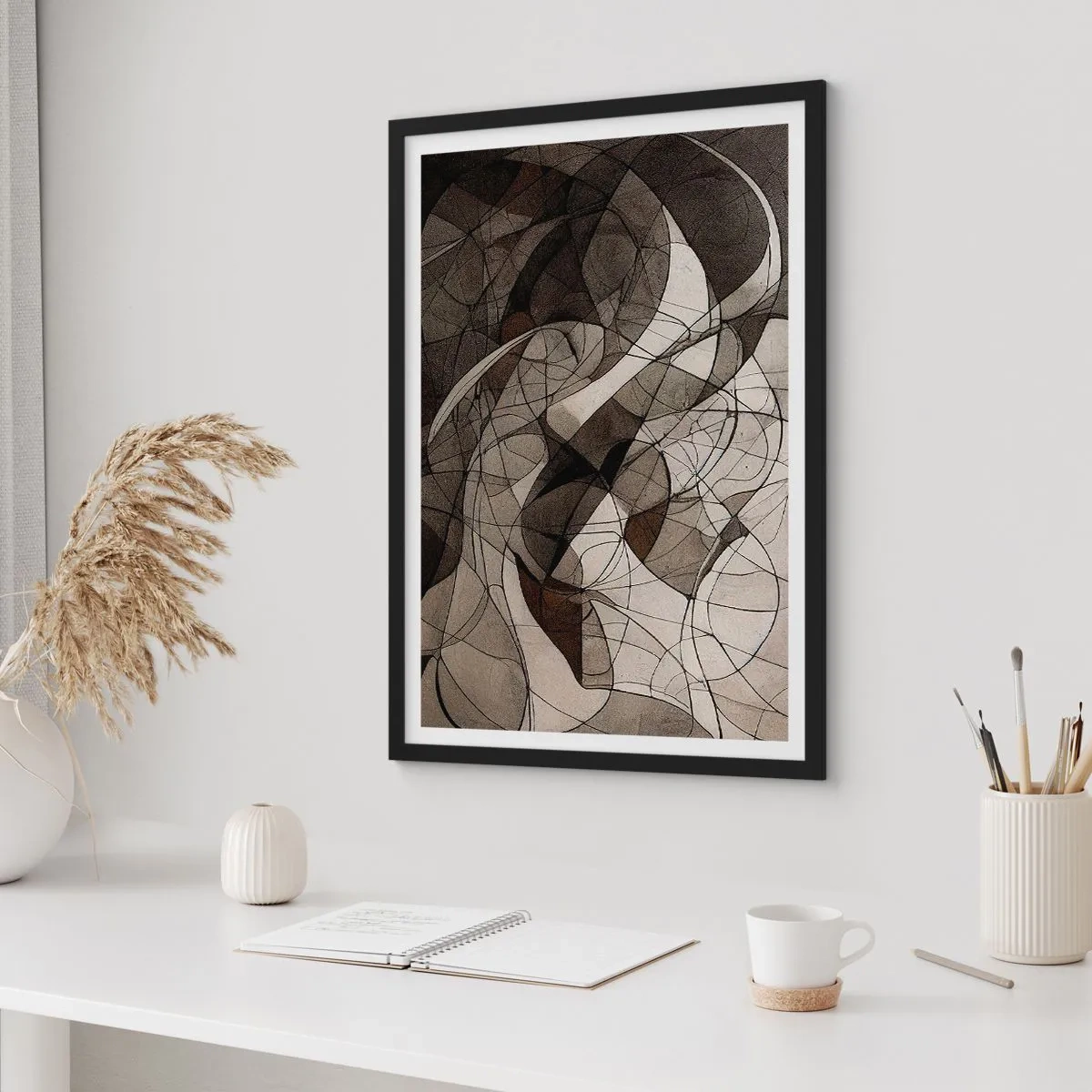Poster în ramă neagră - Compoziție abstractă de linii și forme geometrice - 50x70cm - Circulația culorilor pământului - Decorațiune modernă pentru perete pentru living și dormitor ARTTOR