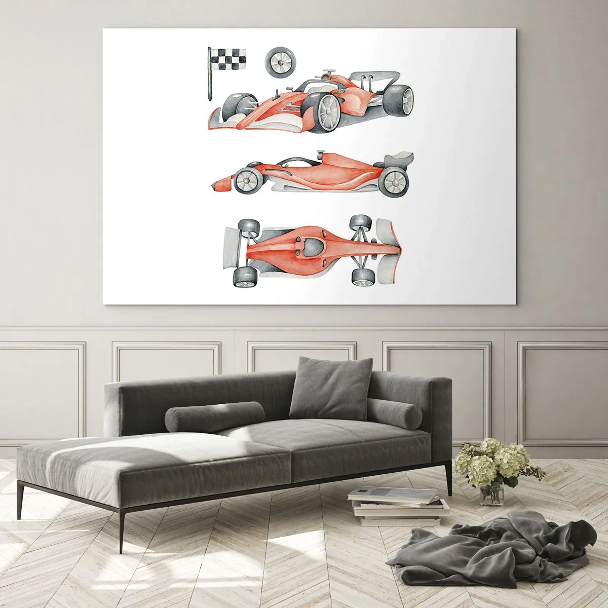 Tablou pe sticlă - Ilustrație în trei cadre a unei mașini de curse roșii cu un steag de curse - 70x50cm - Prindeți visul - Decorațiune modernă pentru perete pentru living și dormitor ARTTOR