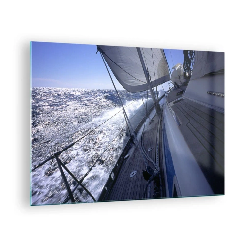 Tablou pe sticlă - Un iaht navighează pe o mare furtunoasă pe vreme însorită - 70x50cm - Știu ce înseamnă să fii o pasăre - Decorațiune modernă pentru perete pentru living și dormitor ARTTOR