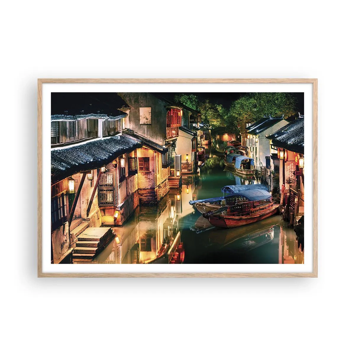Poster în ramă de stejar deschis - O seară pe o stradă chinezească - 100x70 cm
