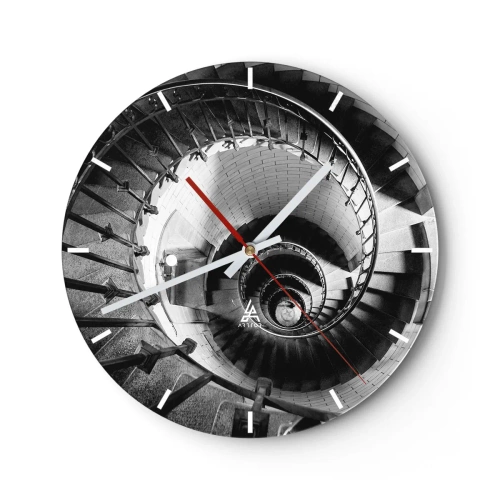 Ceas de perete - Ceas pe sticlă - Scară în spirală alb-negru văzută de sus - 30x30cm - Din ce în ce mai sus - Decorațiune modernă pentru perete pentru living, bucătărie și dormitor ARTTOR