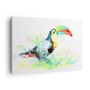 Tablou pe pânză Canvas - Ilustrație în acuarelă a unui tucan pe un fundal tropical - 70x50cm - Colorată ca America de Sud - Decorațiune modernă pentru perete pentru living și dormitor ARTTOR